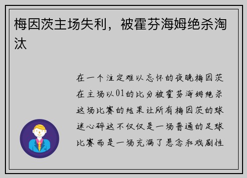 梅因茨主场失利，被霍芬海姆绝杀淘汰