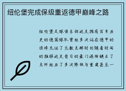 纽伦堡完成保级重返德甲巅峰之路