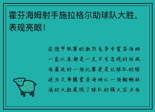 霍芬海姆射手施拉格尔助球队大胜，表现亮眼！