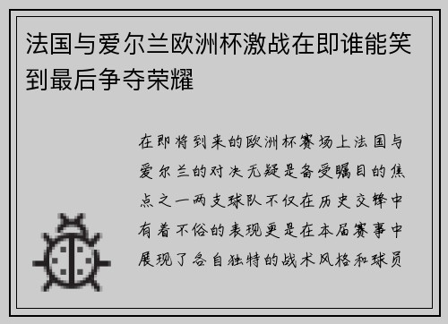 法国与爱尔兰欧洲杯激战在即谁能笑到最后争夺荣耀