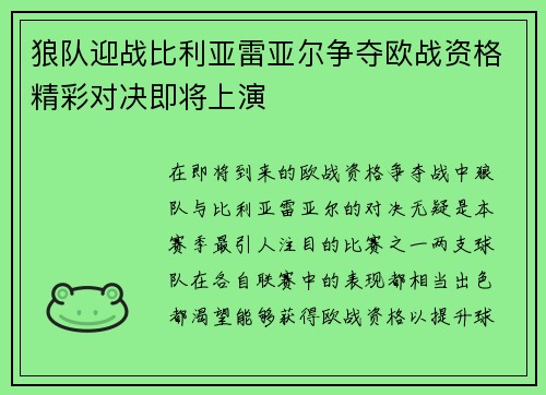 狼队迎战比利亚雷亚尔争夺欧战资格精彩对决即将上演
