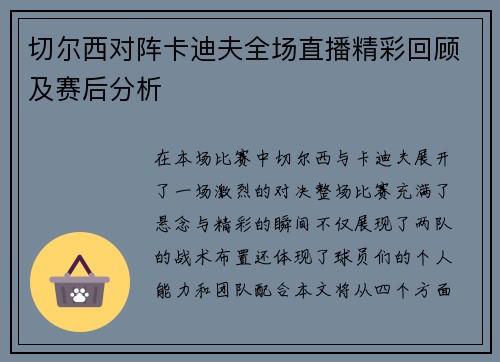 切尔西对阵卡迪夫全场直播精彩回顾及赛后分析