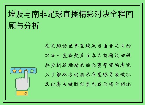 埃及与南非足球直播精彩对决全程回顾与分析