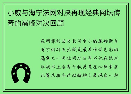 小威与海宁法网对决再现经典网坛传奇的巅峰对决回顾