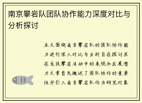 南京攀岩队团队协作能力深度对比与分析探讨