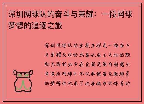 深圳网球队的奋斗与荣耀：一段网球梦想的追逐之旅